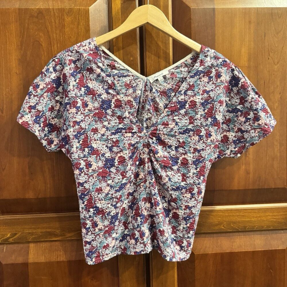 Madewell Floral Seersucker Short Sleeve Top Ruched Front Side Zip Size 6 - Picture 2 of 10